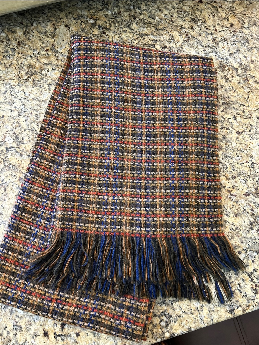 1960’s 20x68 Heavy Wool Woven Plaid Fringe Scarf in Brown, Blue & Orange